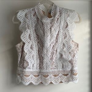 Lucy Paris Lace Cropped Elegant White Lace Sleeveless Top Size L